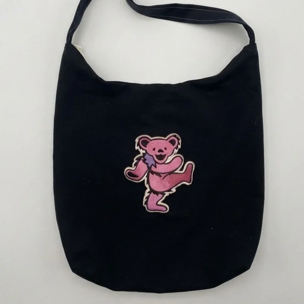 Grateful Dead Dancing Bear Black Canvas Hobo Shoulder Bag Pink Embroidery